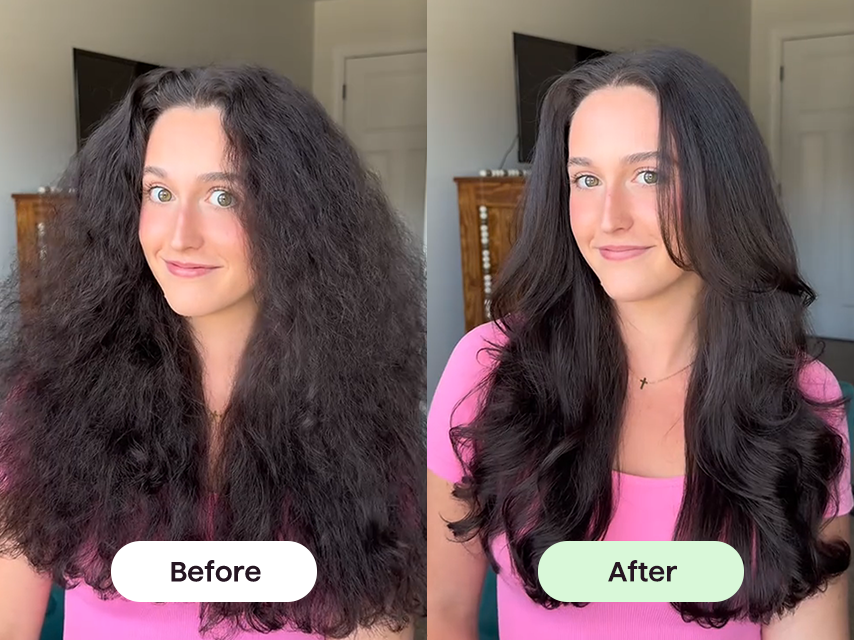 Before and after comparison of a person with long, wavy hair styled differently.