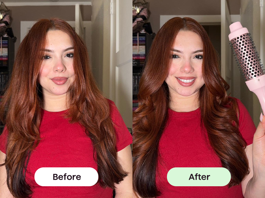 Before and after comparison of a woman with long hair, using a hair styling tool.