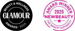 Glamour Beauty & Wellness Awards 2024 logo with a pink 'Award Winner 2025 NewBeauty' stamp.