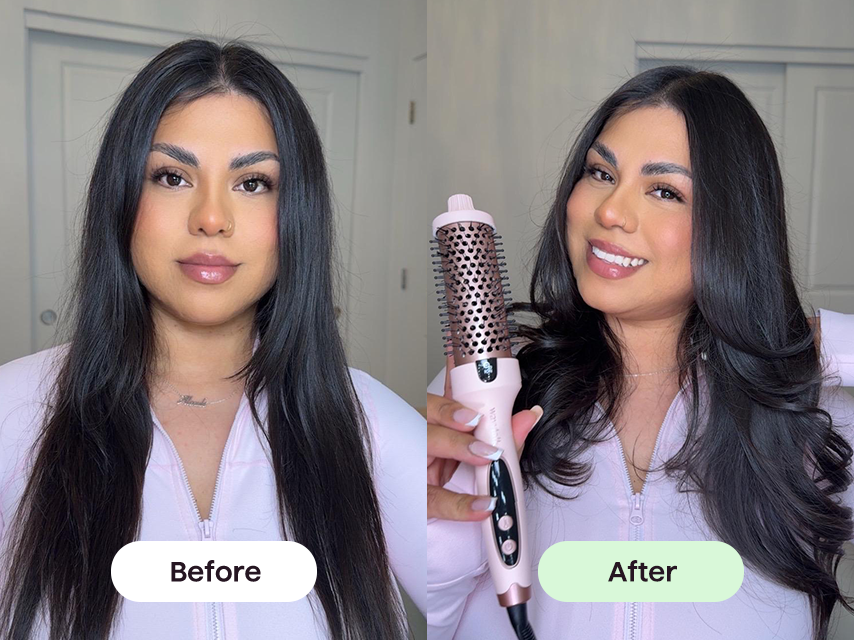 Before and after comparison of a woman using a blowout boost on her hair.
